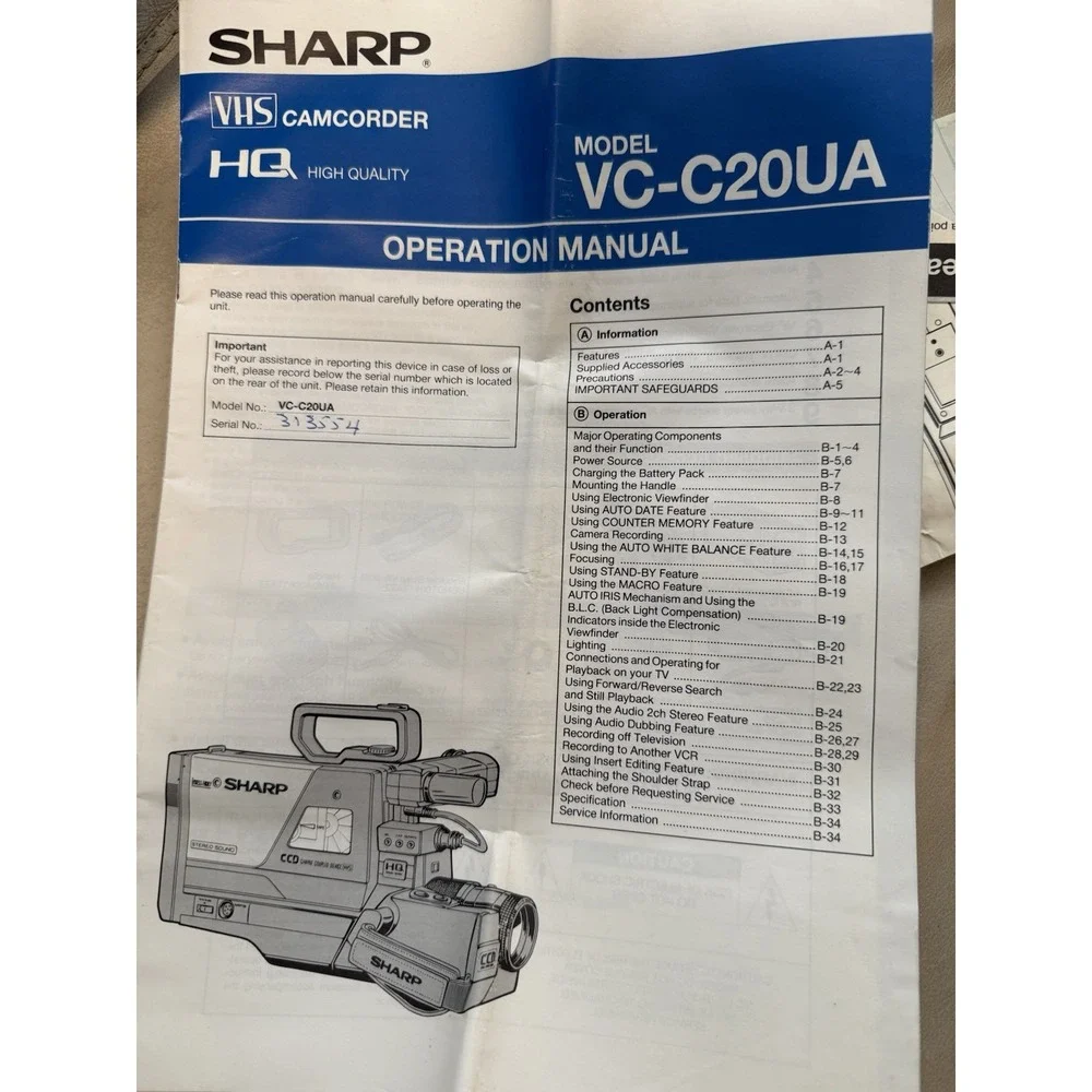 Sharp, camcorder VHS model No VC-C20U,  Work Wit Issues